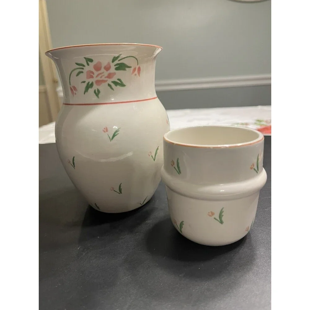 Vtg 1985 Pink Roses Bedside Tumble Up Carafe 2pc Portugal